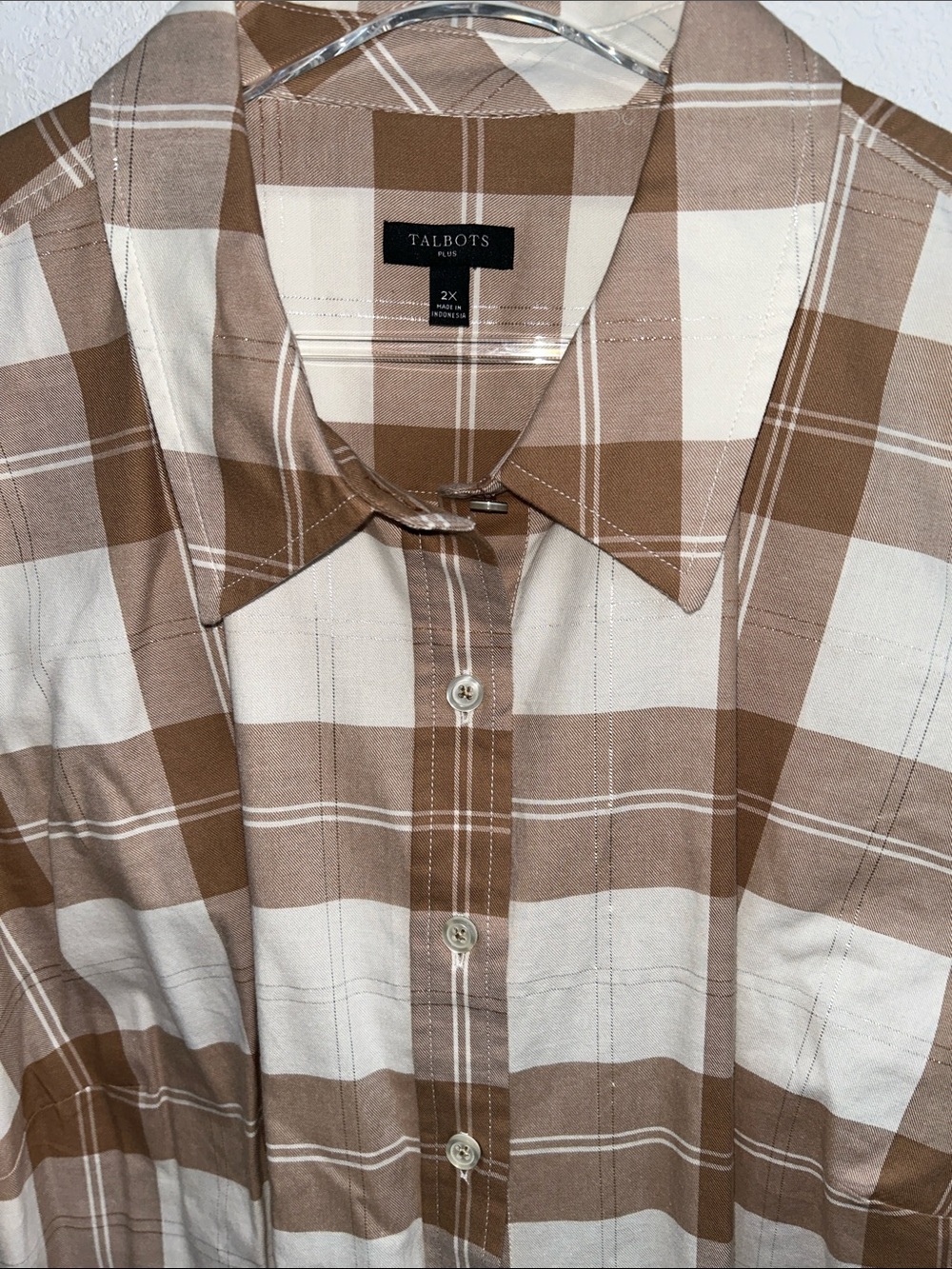 Talbots Plus Brushed Cotton Tan Ivory Plaid Long-Sleeve Button-Down Shirt 2X EUC
